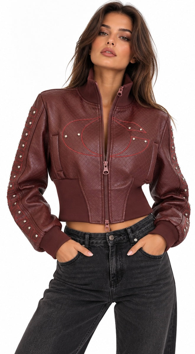 Studded Textured Leather Bomber Jacket( Olive , Burgundy )