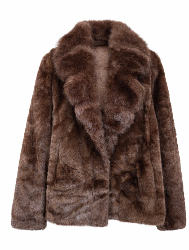 Plush Eco Fur Jacket with Wide Collar – Rich Brown