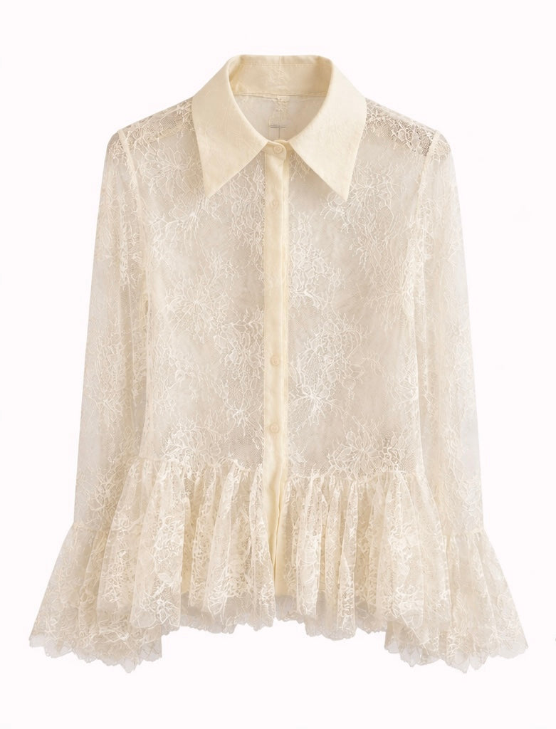 Sheer Lace Peplum Blouse – White , Light Blue , Butter Yellow