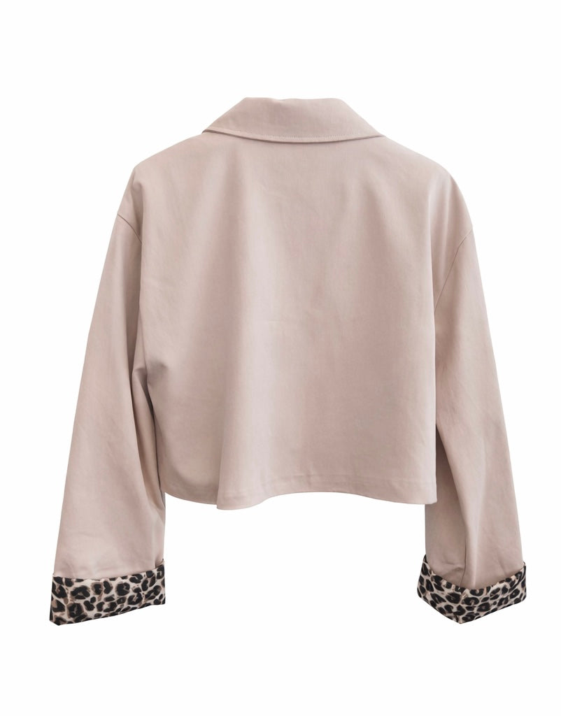 Beige Cropped Utility Jacket with Leopard Cuffs