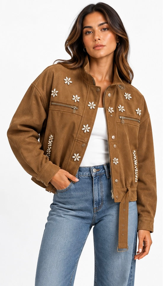 Embellished Suede Belted Jacket ( Brown , Olive , Beige )