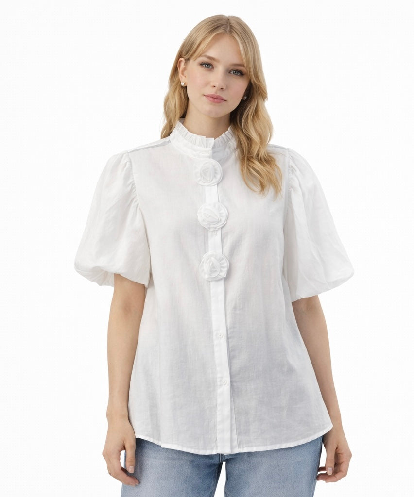 White Puff Sleeve Ruffle Neck Blouse