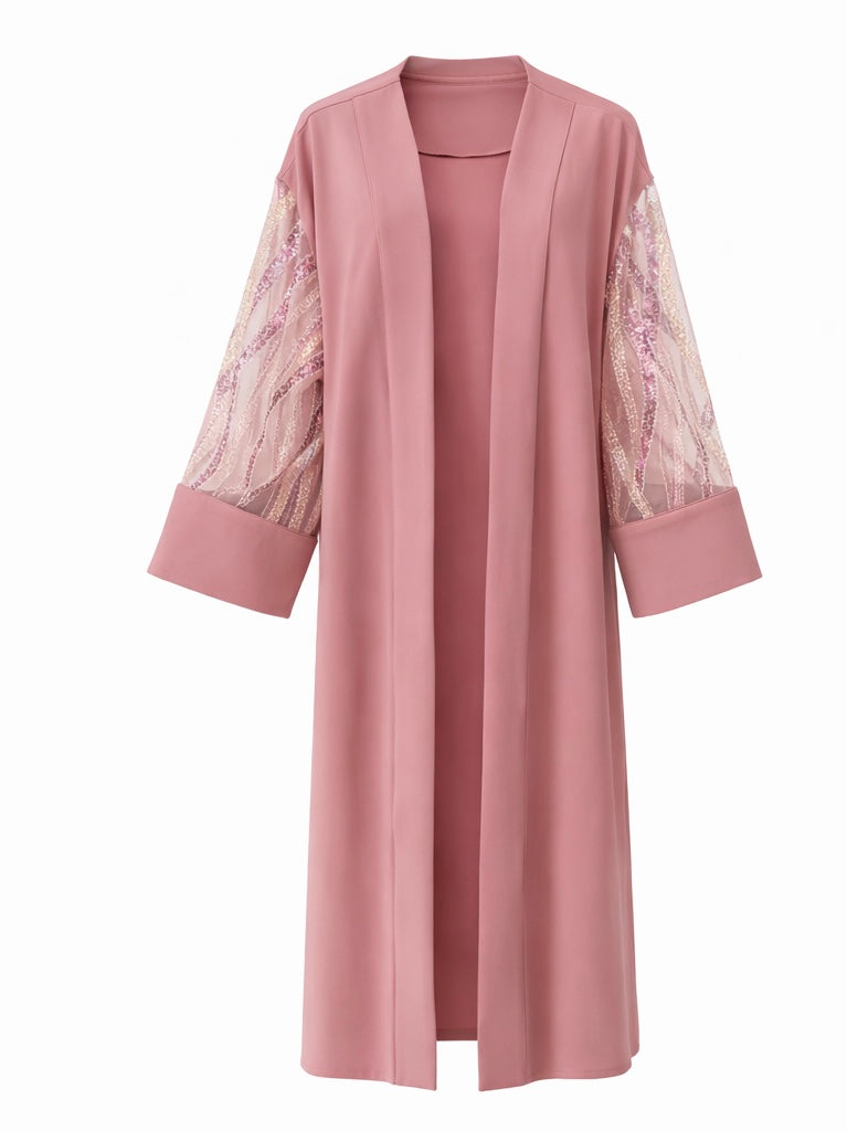 Sophisticated Open Abaya in Blush Pink with Embellished Sleeves