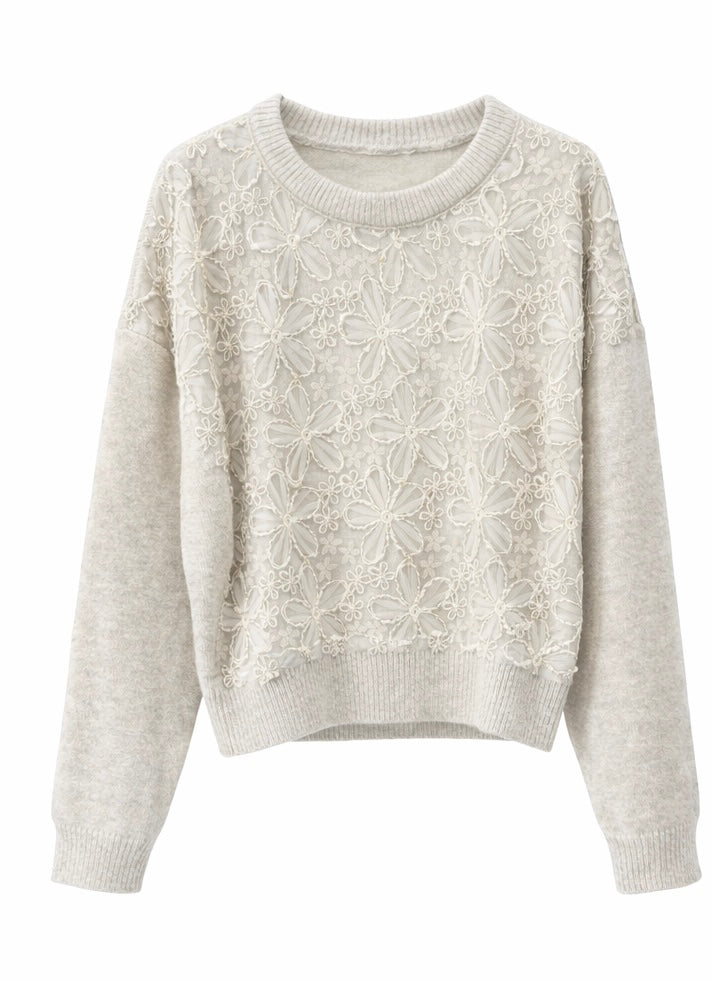 Lace Embroidered Front Knit Sweater – Light Grey
