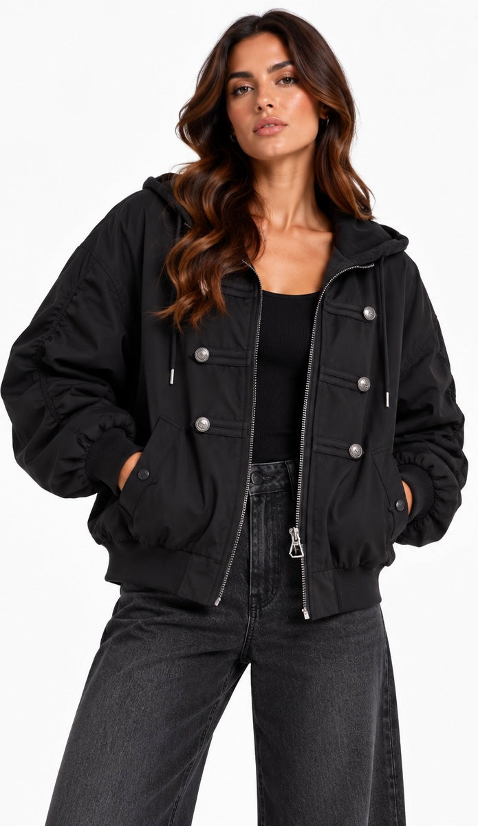 Hooded Utility Bomber Jacket ( Navy , Olive , Black , Brown )