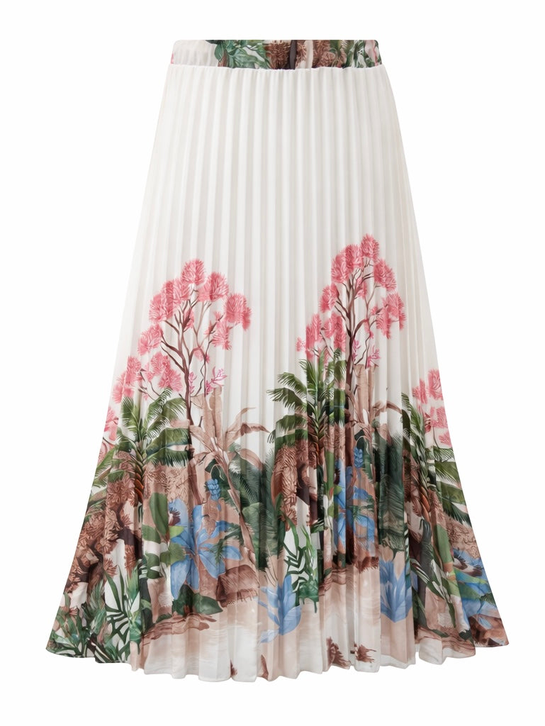 Tropical Print Pleated Midi Skirt