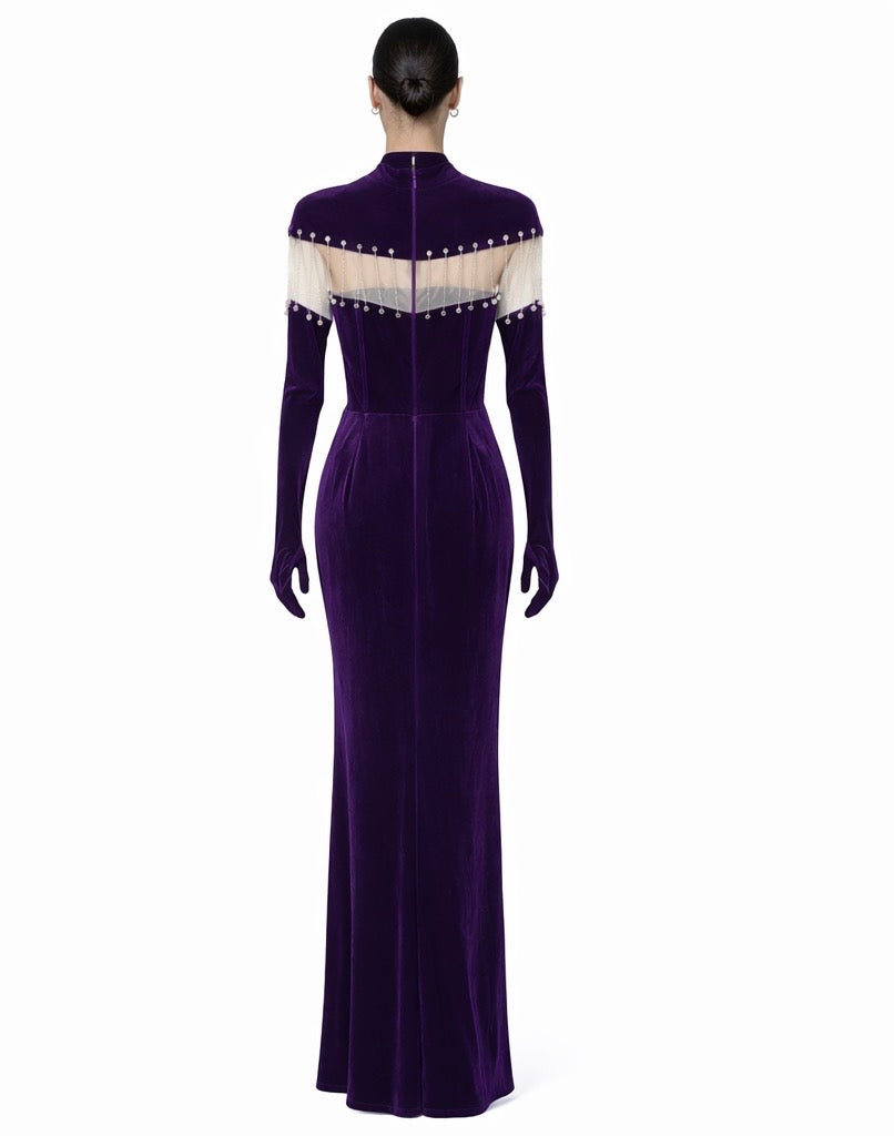 Purple Velvet Slim-Fit Gown with Crystal Fringe