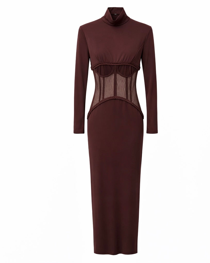 Chocolate Brown Mesh Corset Slim-Fit Maxi Dress
