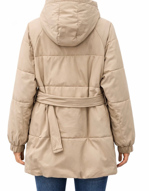 Beige Quilted Puffer Coat with Belt