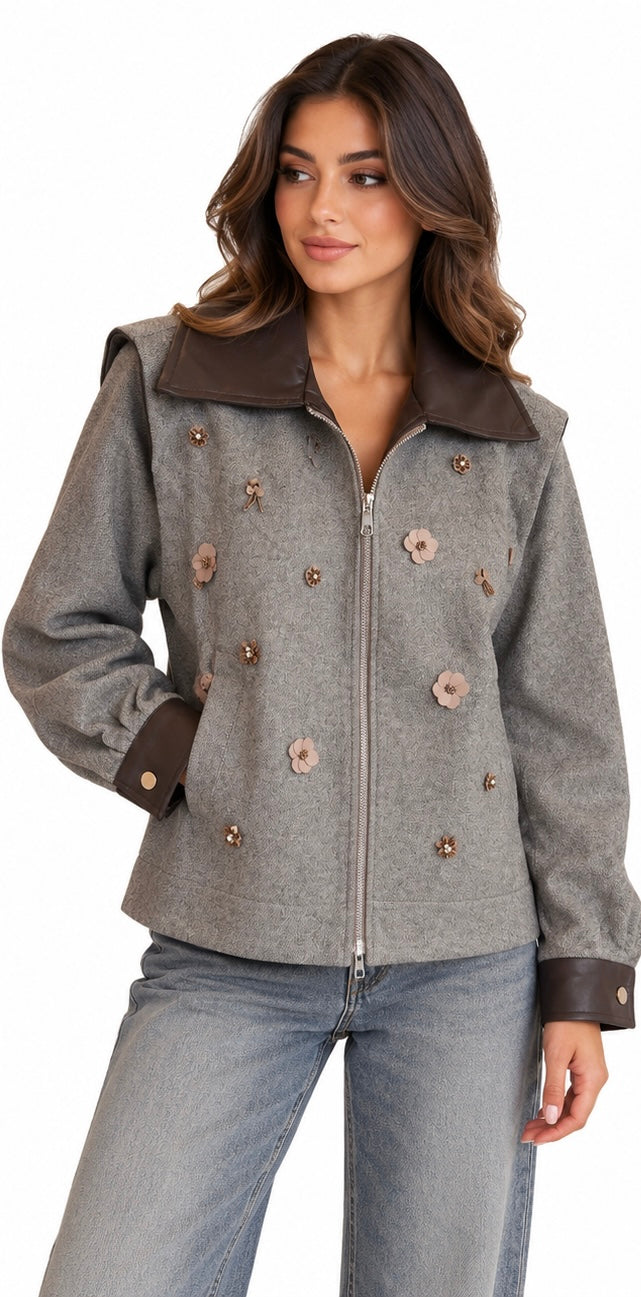 Oversize Grey Floral Embellished Jacket