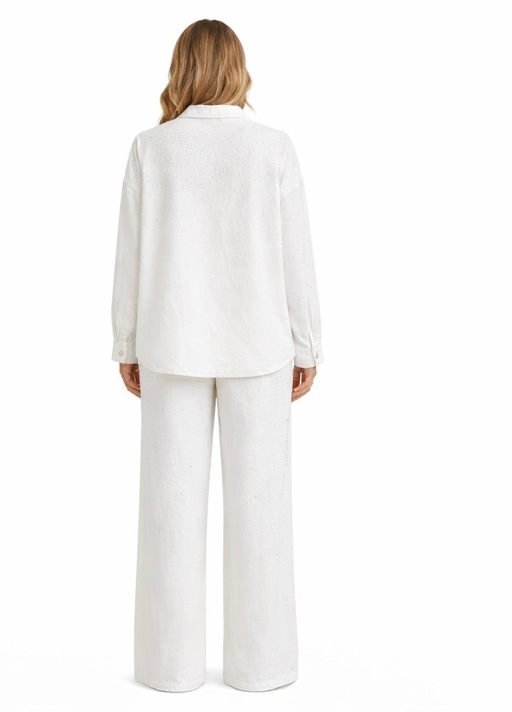White Rhinestone Button-Up Shirt & Palazzo Pant Set