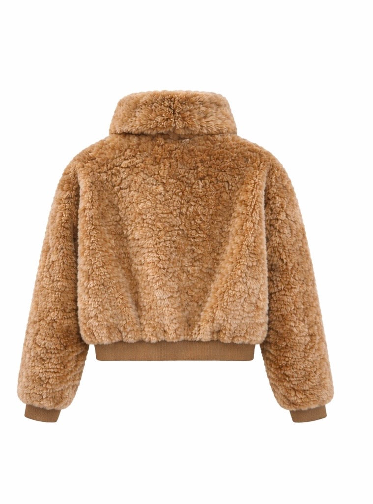 Faux Shearling Zip-Up Jacket with High Funnel Neck