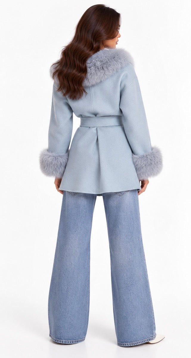 Fur-Trimmed Wrap Coat ( Blush , Icy Blue , Grey , Black , Brown , Burgundy )