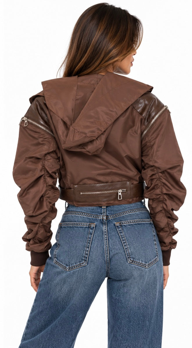 Hooded Cropped Biker Jacket ( Brown , Black )