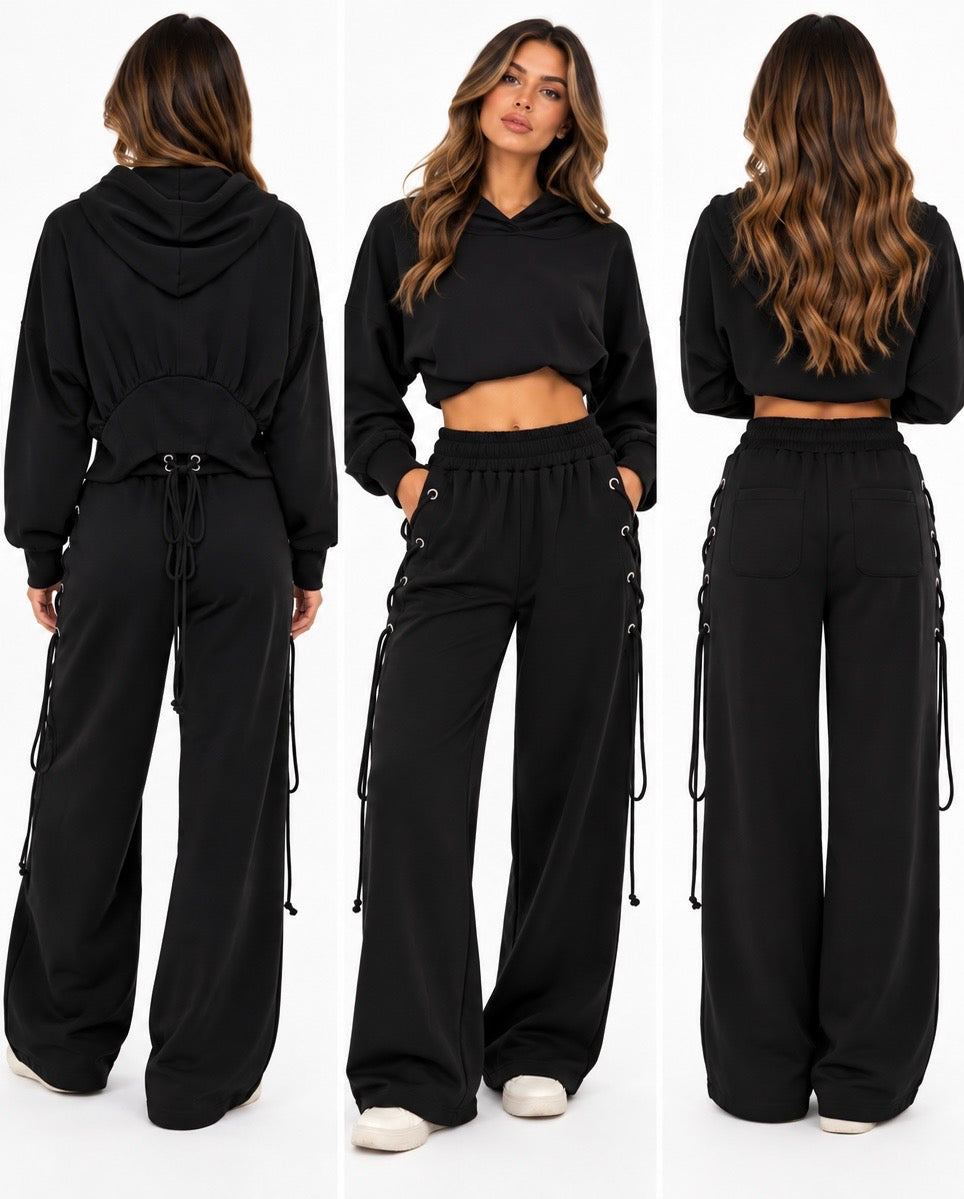 Lace-Up Luxe Jogger Set ( Brown , Black )