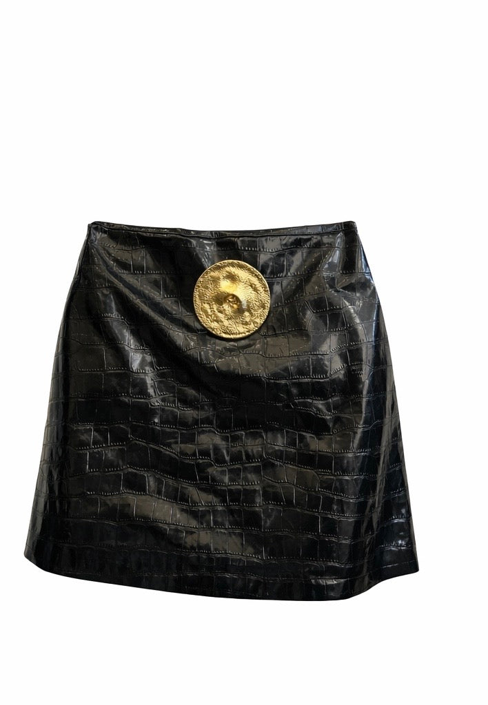 Black Croc-Embossed Jacket & Mini Skirt Set