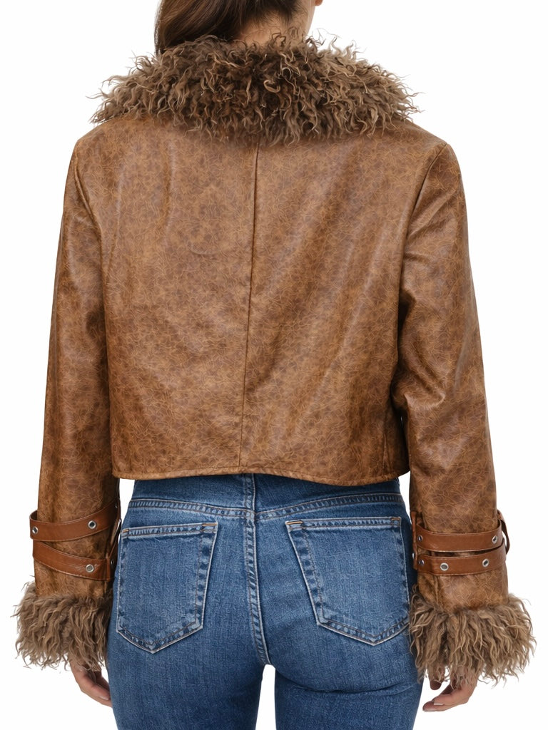Faux Leather Shearling Collar Cropped Jacket