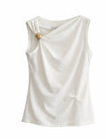 Chic White Draped Top with Gold Hardware