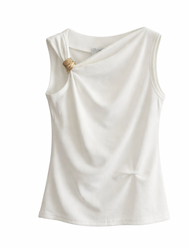 Chic White Draped Top with Gold Hardware
