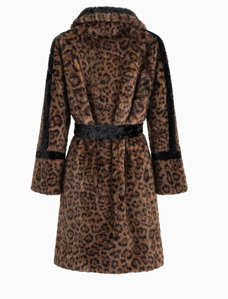 Leopard Print Belted Eco Fur Coat