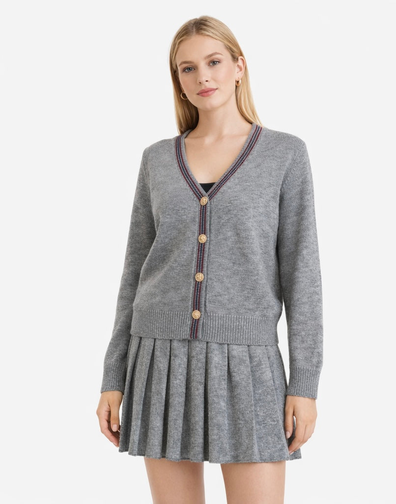 Classic Grey Knit Cardigan & Pleated Skirt Two-Piece Set