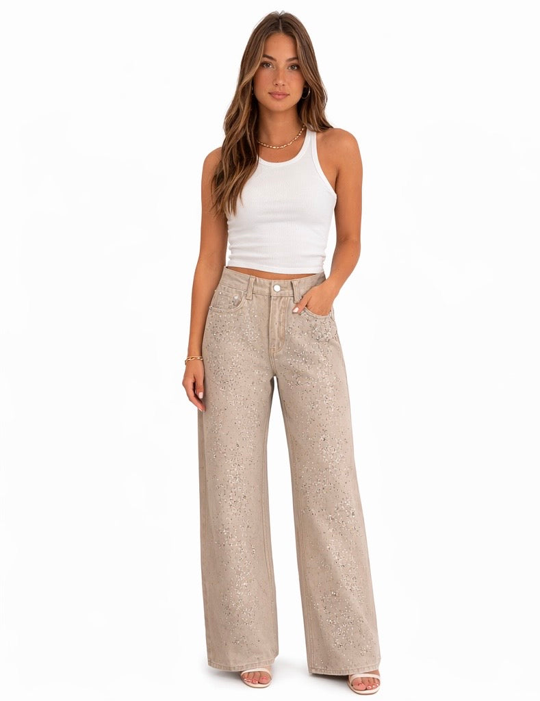 Beige Rhinestone Embellished Wide-Leg Jeans