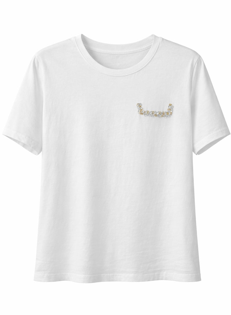 Elegant White Tee with Gold-Tone Rhinestone Detail
