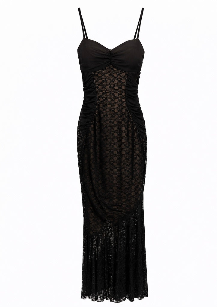 Black Lace & Ruched Slim-Fit Evening Dress