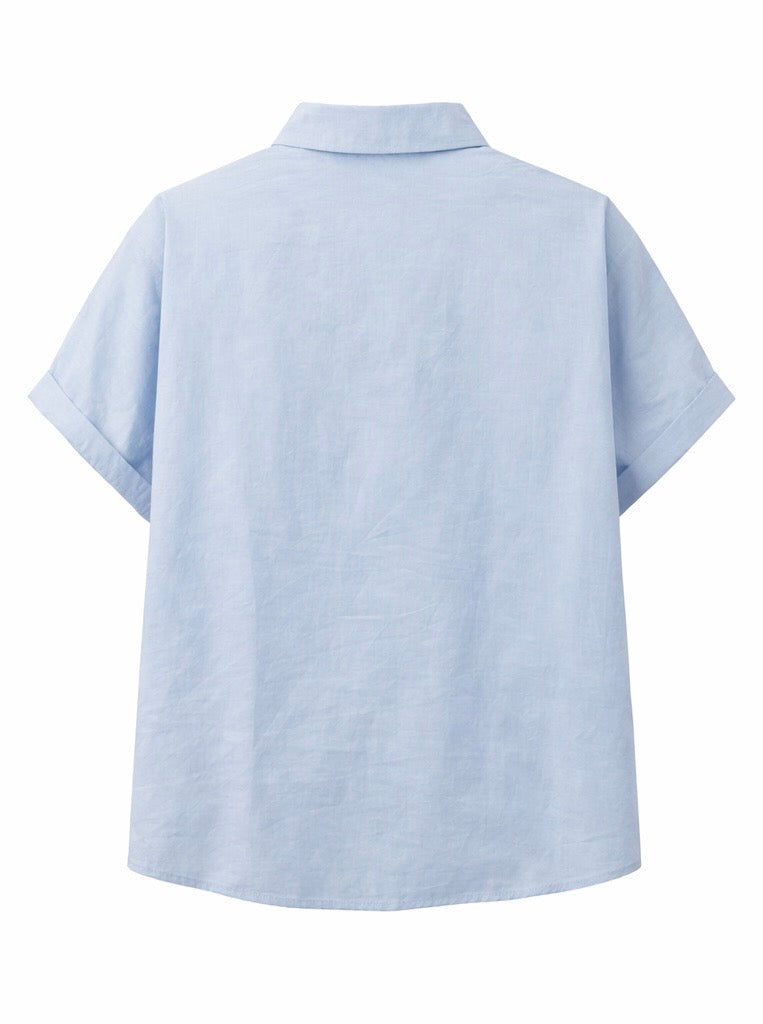 Embellished Short Sleeve Blouse - White , Baby Blue