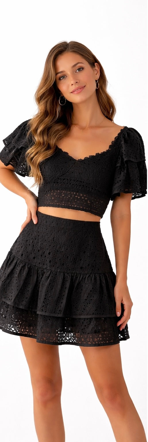 Embroidered Crop Top and Skirt Set - Black - White