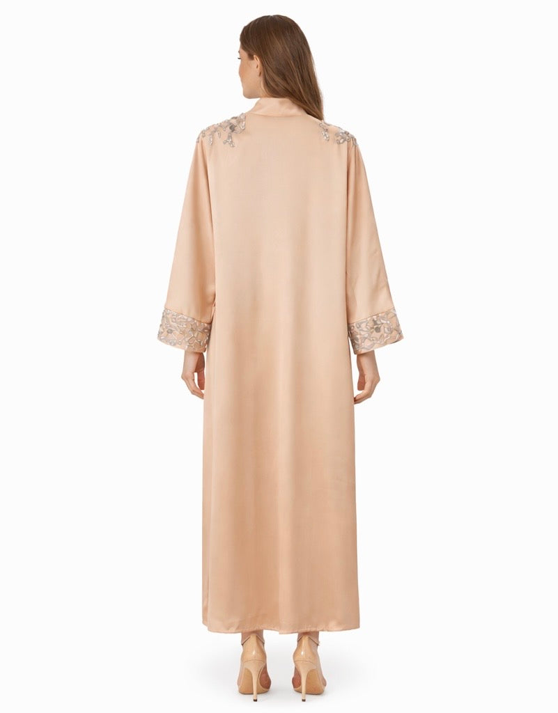 Peach Satin Abaya with Crystal Embellishment
