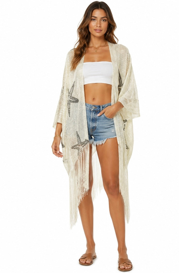 Seaside Starfish Fringe Kimono ( Bronze , Beige )