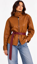 Cognac Leather Belted Jacket