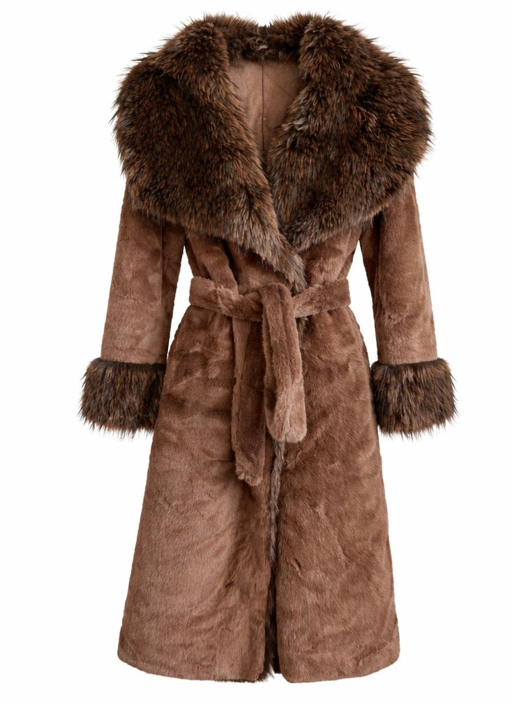 Women’s Belted Faux Fur Long Coat Brown