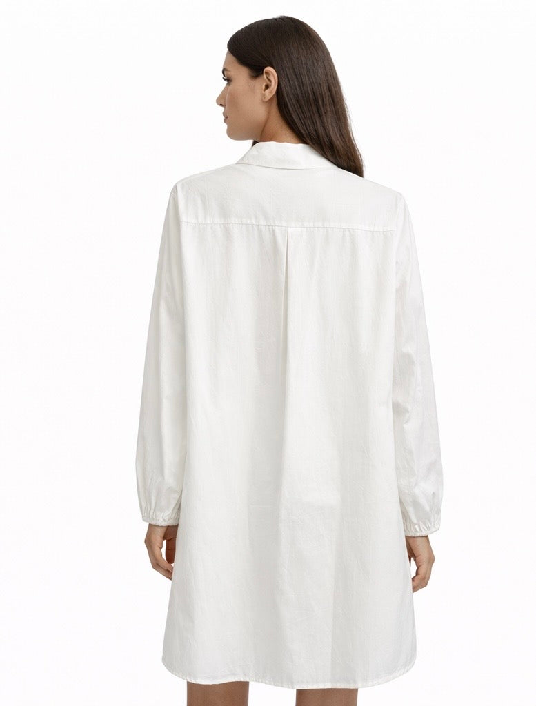 Long Chemise Shirt Dress with Gold Button Detail – White