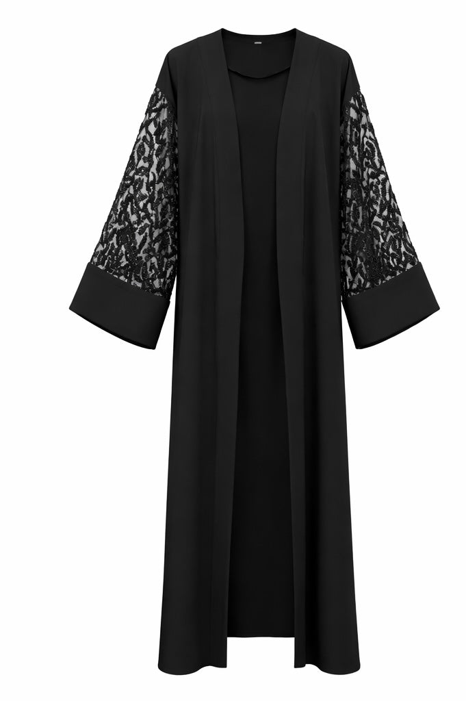 Luxury Black Open Abaya with Intricate Lace Sleeve Detailing
