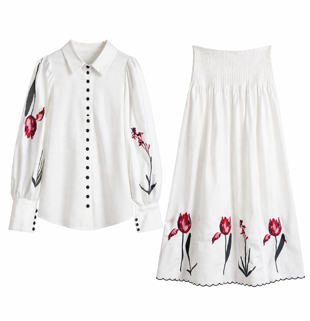 White Floral Blouse & Skirt Set