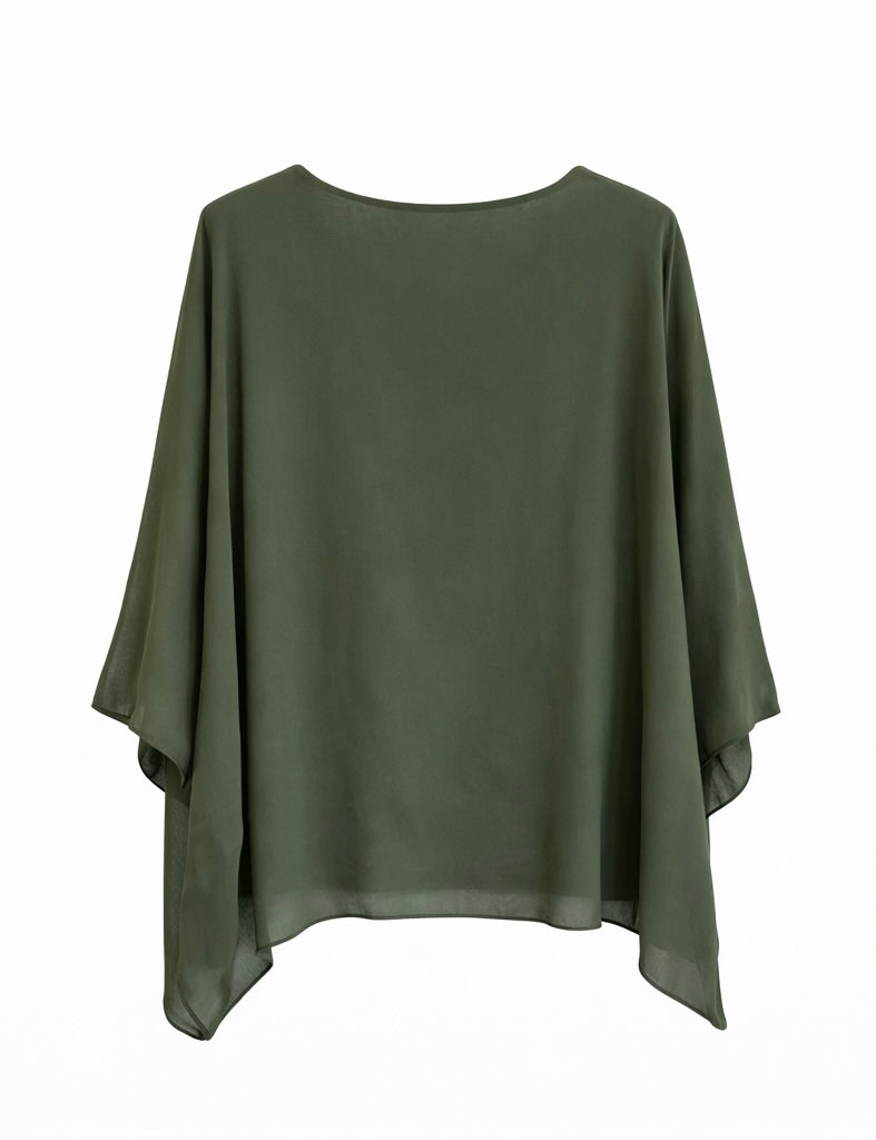 Loose Fit Batwing Sleeve Blouse with Pendant - Olive green , Beige , black