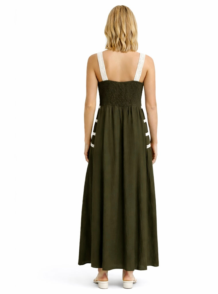 Crochet Detail Maxi Dress - Brown , Olive Green