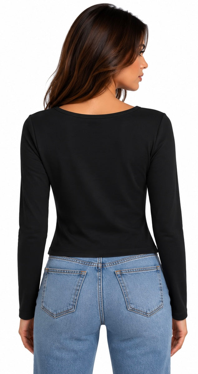 Gold Button Detail V-Neck Top ( White , Olive , Black )