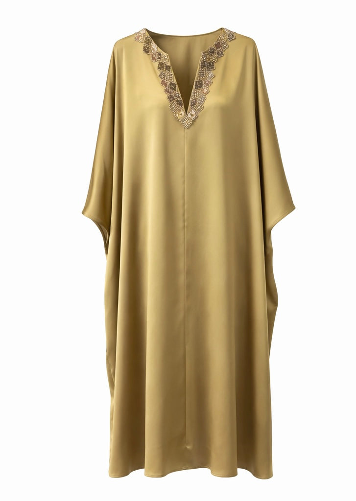 Olive Gold Silk Kaftan with Beaded Neckline