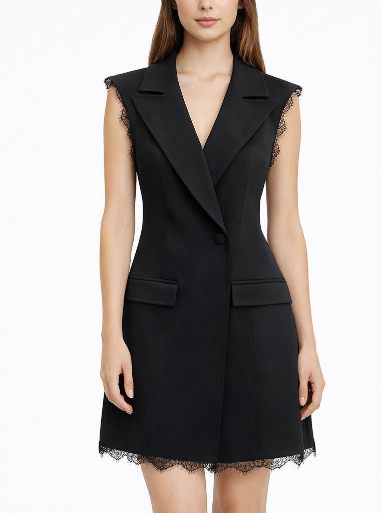black mini dresses formal Lace Trim Blazer Mini Dress