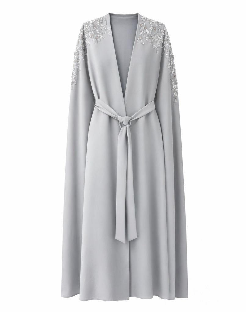 Luxury Silk Embroidered Open Abaya – Silver