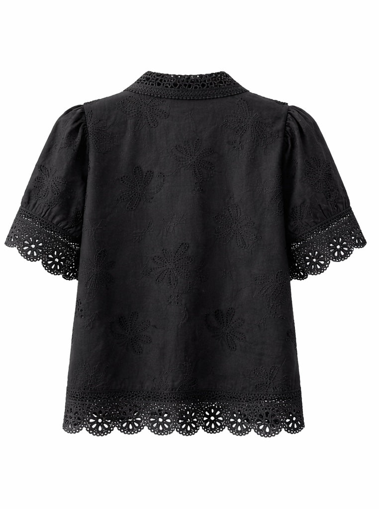 Chic  Floral Embroidered Shirt - Light Blue , White , Black