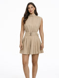 Pleated Mini Dress with Buckle Waist
