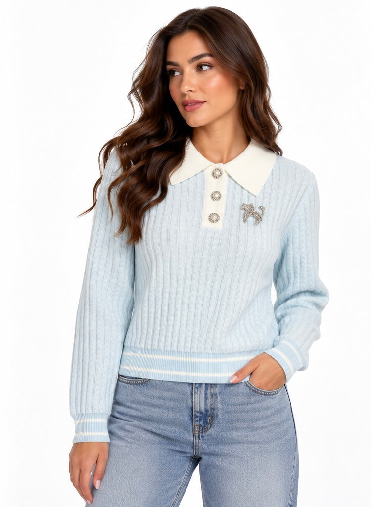 Cat Pearl Detail Polo Sweater