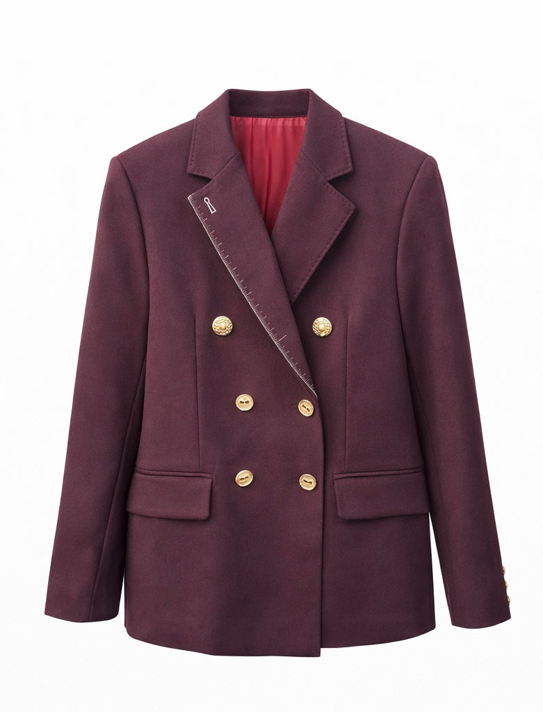 Burgundy Double-Breasted Blazer with Gold Buttons