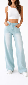 Rhinestone Embellished Wide-Leg Jeans - Light Blue , Butter Yellow