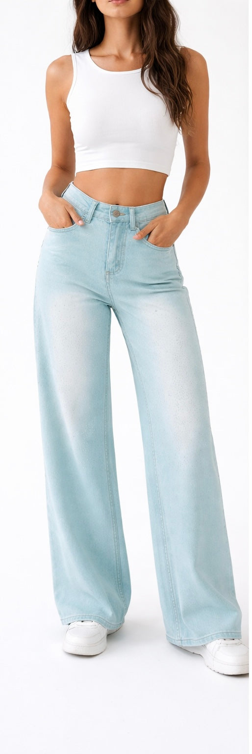 Rhinestone Embellished Wide-Leg Jeans - Light Blue , Butter Yellow