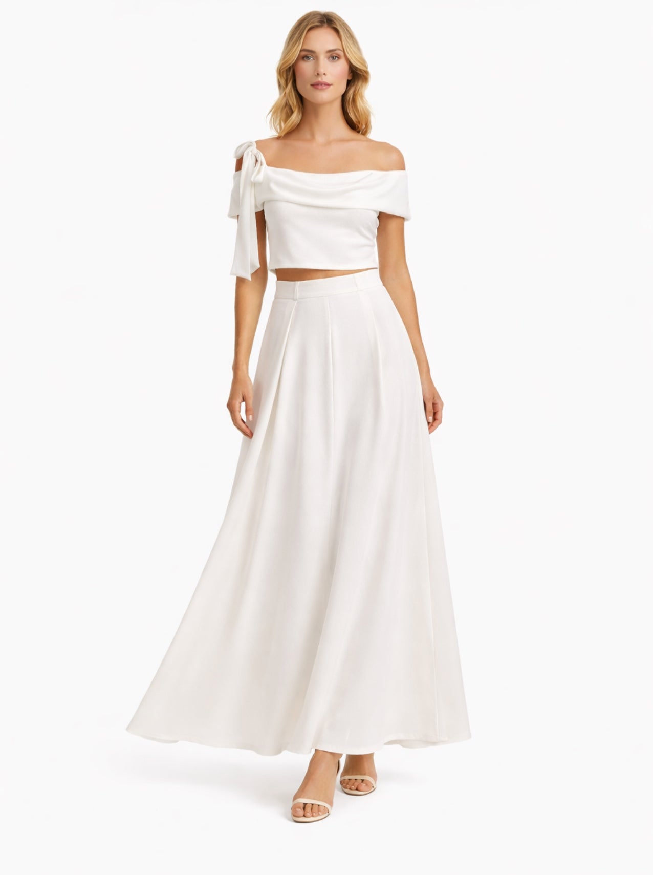 Elegant White Off-Shoulder Top & Flowing Maxi Skirt Set